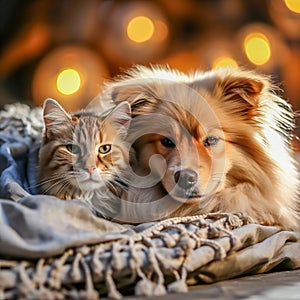 cute cat and dog sleep together and share their sleeping place and cuddle together