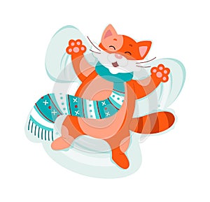Cute cat doing snow angel flat icon Outdoor activity. Vector illustration