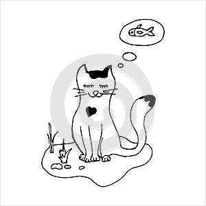 Cute cat drawn by hand. White cat with a black spot