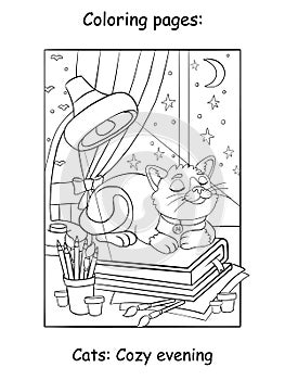 Cute cat dreaming on books kids coloring book page