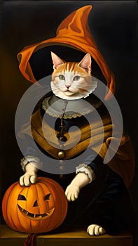 Cute cat dressed up with witch hat and jack o lantern