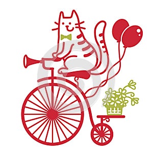 Cute cat drive vintage bicycle. Vector color cartoons illustration of old-style bike silhouette with cat, flowers and ballons for