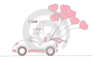 Cute cat driving a car with heart shape balloons