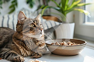 Cute cat eating out of bowl on floor against background. Generative AI