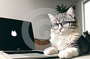 Cute cat with eyeglasses working on laptop computer at home. Generative AI.