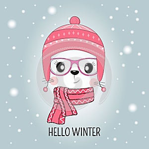 Cute cat face in hat with message Hello Winter isolated in blue background.