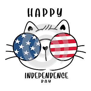 Cute cat face head with America flag stripes and stars glasses, 4th July independence day, cartoon doodle vector illustration