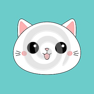 Cute cat face head icon. Line contour silhouette . Funny kawaii sad doodle animal. Pink cheeks, tongue, ears. Cartoon baby
