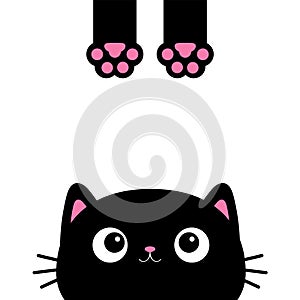 Cute cat face head looking up. Hanging body paw print. Black funny kitten. Kawaii animal. Cartoon pet. Baby card. Sticker print.