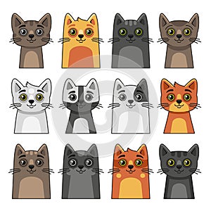 Cute Cat Face Icon Set. Cartoon Style on White Background Vector