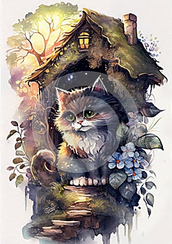 Cute cat in fairy tail house in the forestforest