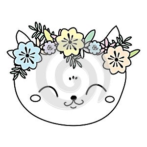 Cute cat in flower wreath. Sweet kitten face, summer mood