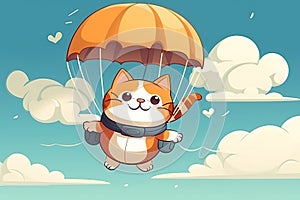 cute cat is flying on parachute in sky. Hand-drawn illustration for a children's book. Generative AI