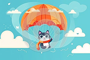 cute cat is flying on parachute in sky. Hand-drawn illustration for a children's book. Generative AI