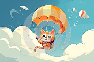 cute cat is flying on parachute in sky. Hand-drawn illustration for a children's book. Generative AI