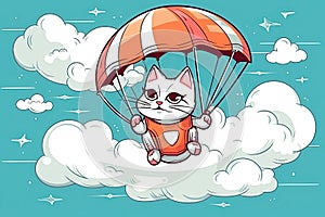 cute cat is flying on parachute in sky. Hand-drawn illustration for a children's book. Generative AI