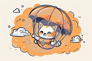 cute cat is flying on parachute in sky. Illustration for a children's book. Generative AI