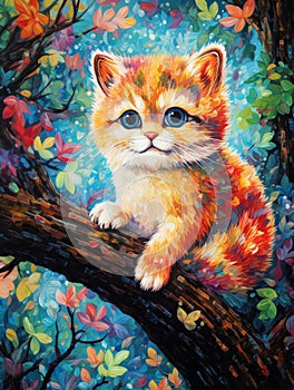 Cute Cat in the forest watercolor painting.