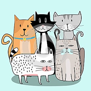 Cute cat gang with hand drawn cartoon