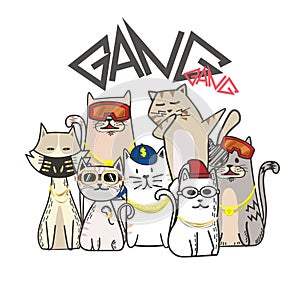 Cute cat gang with hand drawn cartoon. Hip Hop style