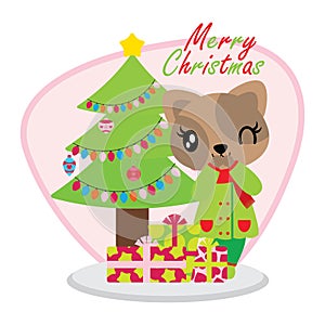 Cute cat girl besides Xmas tree and box gits cartoon illustration for Christmas card design