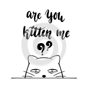 Cute cat glaring. Are you kitten me hand lettering sticker in monochrome black and white style.