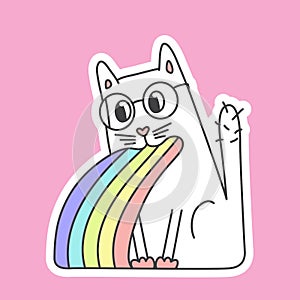 Cute cat in glasses in kawaii style puke rainbow