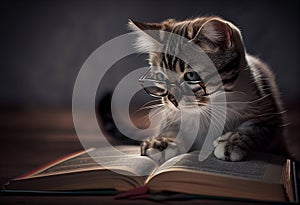 Cute cat with glasses reading a book. AI genarated