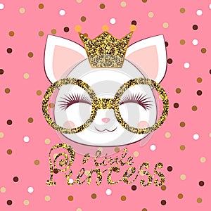 Cute cat with a gold glitter glasses and crown. Pattern with gold sparkles on a pink background