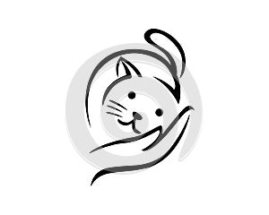 A Cute Cat Got Cuddling by a Graceful Hand Symbol and Pet Shop Symbolization  with Silhouette Style