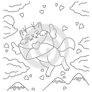 Cute cat grabbed a love letter. Coloring book page for kids. Valentine`s Day. Cartoon style character. Vector illustration