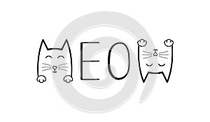 Cute cat graphic.Meow handwriting lettering.