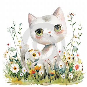 Cute cat in grass, pastel, flowers, watercolor illustration