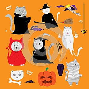 Cute cat hand drawn cartoon. Halloween theme