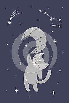 Cute cat hanging on the moon. The constellation of the big bear. Cute sleeping moon.