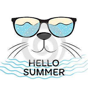 Cute cat head with black sunglasses isolated on white background. Text hello summer. Modern design element for T-shirts. Vector