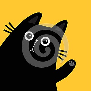 Cute cat head peeking out from around the corner. Waving hand paw print. Kawaii baby pet animal. Black kitten face. Cartoon