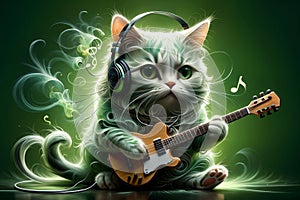 cute cat in headphones playing guitar