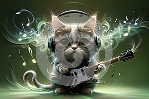 cute cat in headphones playing guitar