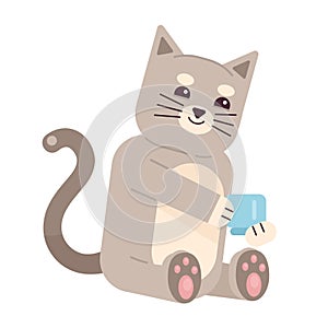 Cute cat holding coffee cup semi flat color vector character