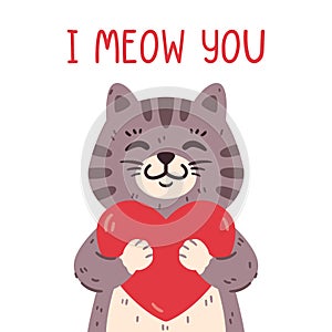 Cute cat holding heart. I meow you greeting card for saint valentine day, 14 February. Sweet domestic animal in love. Vector