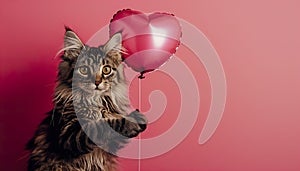Cute cat holding heart-shaped balloon. Valentines day greetings