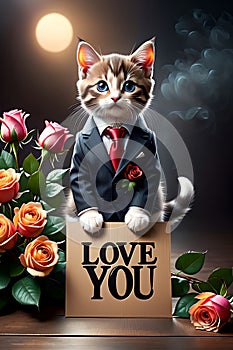 cute cat holding roses and a Love you sign