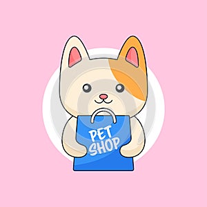Cute cat holding shop bag for pet shop animal mascot cartoon vector illustration