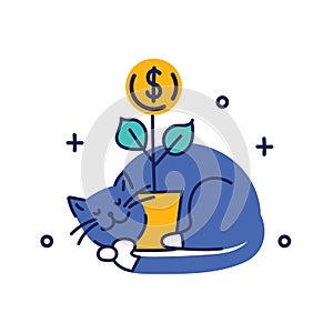 Cute cat holds money plant with coin. Concept of investment growth, profit increase, smart business. Outline, linear