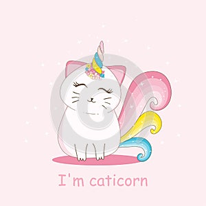 Cute cat with horn unicorn, flower crown and rainbow tail