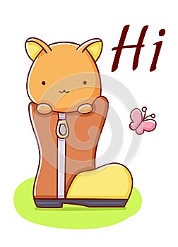 Cute cat inside the shoe cartoon kawaii Hello hand drawn isolated on white background
