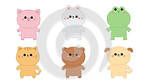 Cute cat kitten kitty, rabbit bunny hare, bear, dog puppy, pig, frog standing. Cute face icon set. Cartoon kawaii animal character