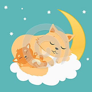 Cute Cat And Kitten Sleeping On The Moon. Sweet Kitty Cartoon Vector Card.