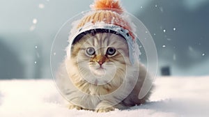 Cute cat kitten wearing a bobble hat on white snow during winter